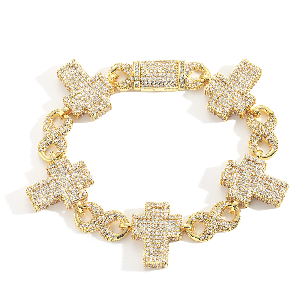 Iced Out Cross Figure-8 CZ Stone Gold/SIlver Cuban Bracelet