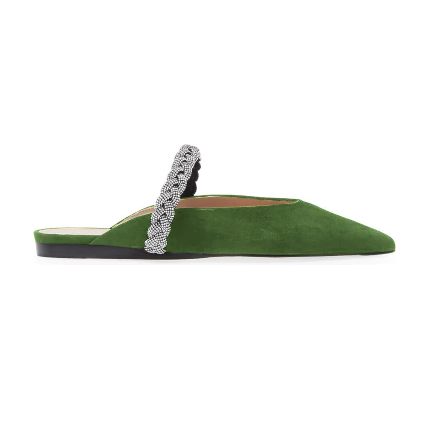 TAAFO Green Crystal Mules Women's Slippers Pointed Toe Flat With Ladies Outside Casual Concise Shoes