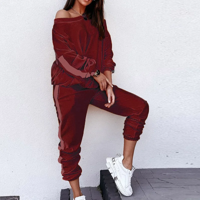 Striped Spliced Velvet Tracksuit Women Casual Threw Collar Long Sleeve Sweatshirt And Harem Pant Suit Loose Ladies Two Piece Set