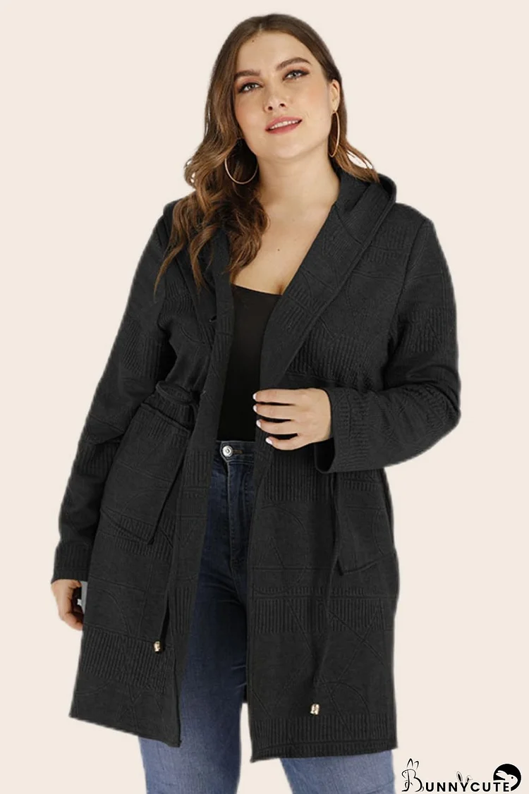 Plus Size Drawstring Waist Hooded Cardigan with Pockets