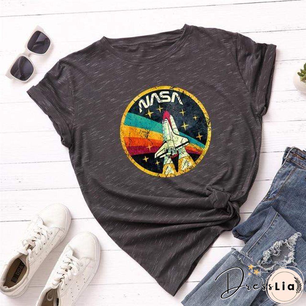 Summer Plus Size Shirt S-5XL New ROCKET Print TShirt Women 100%Cotton O Neck Short Sleeve Tees Casual Tops Woman TShirts