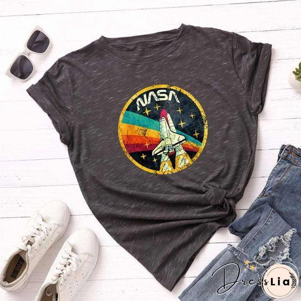 Summer Plus Size Shirt S-5XL New ROCKET Print TShirt Women 100%Cotton O Neck Short Sleeve Tees Casual Tops Woman TShirts