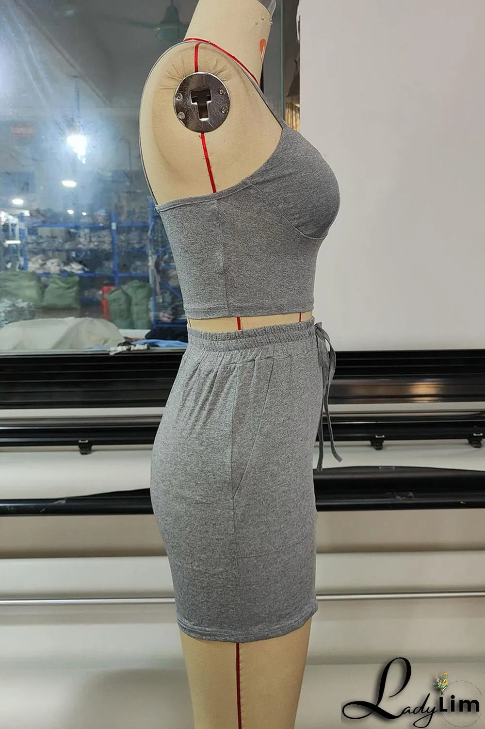 Grey Sexy Solid Patchwork Spaghetti Strap Sleeveless Two Pieces