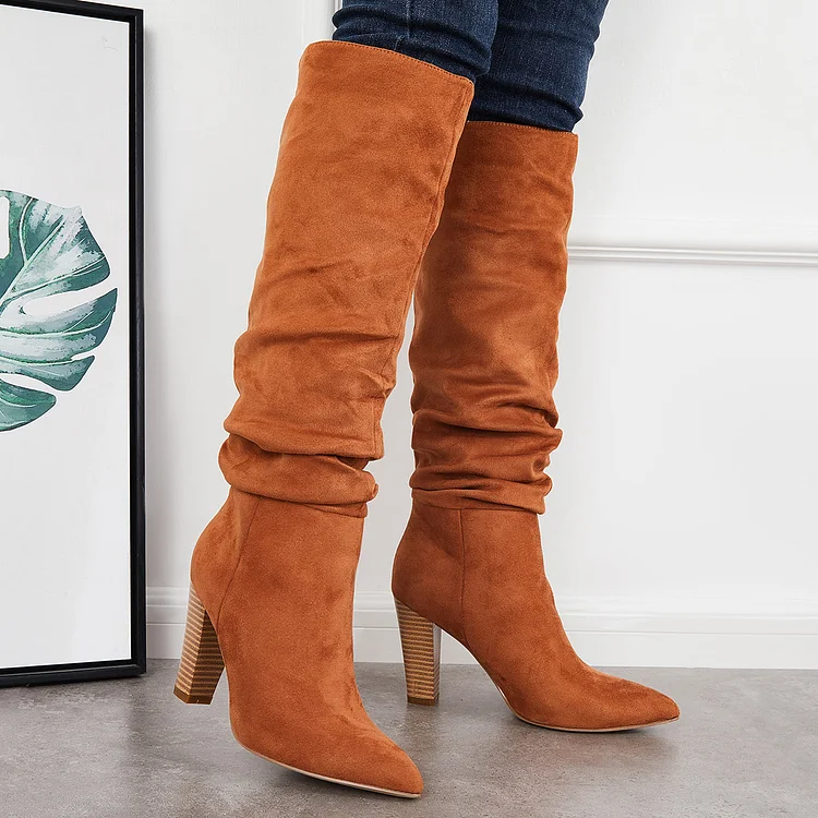 Slouch Knee High Boots Wide Calf Chunky Stack Heel Booties