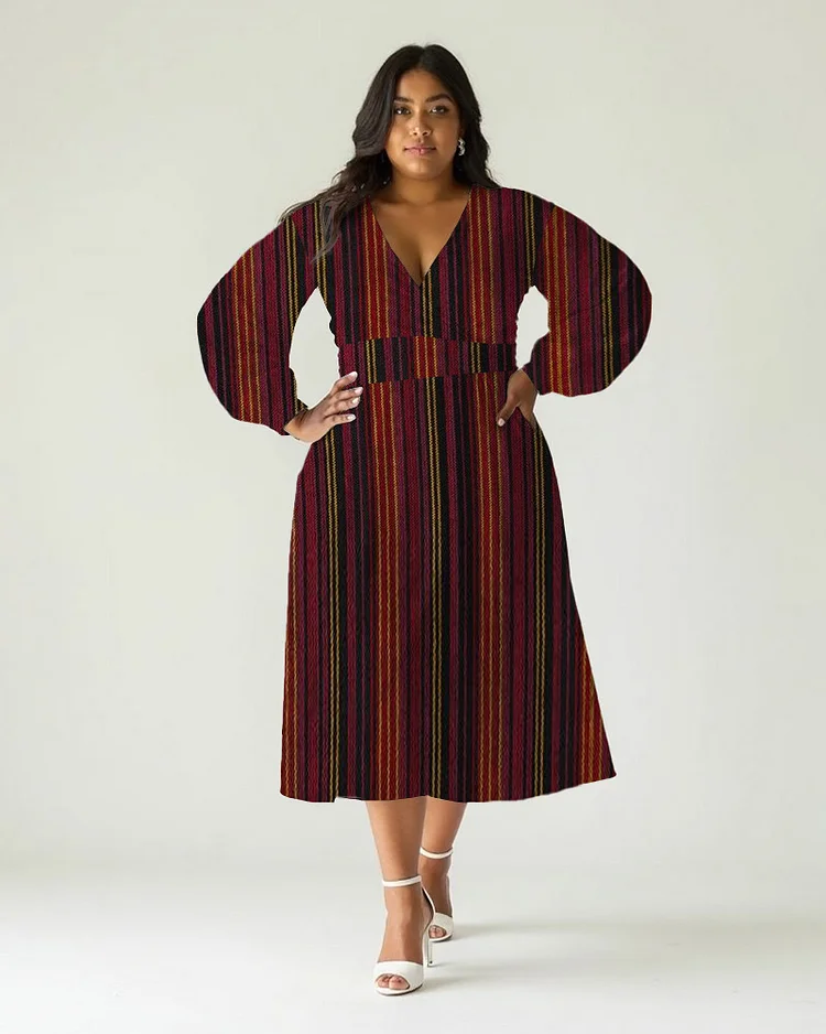 Stripe Print V-neck Long-Sleeved Casual Dress
