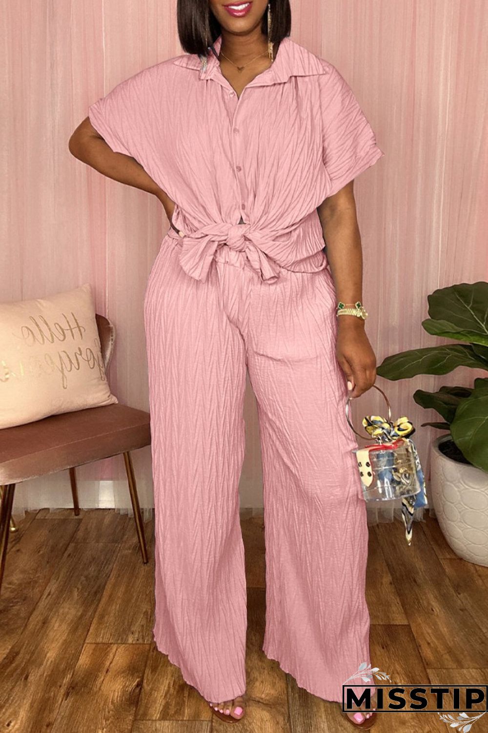 Black Casual Solid Basic Turndown Collar Short Sleeve Two Pieces