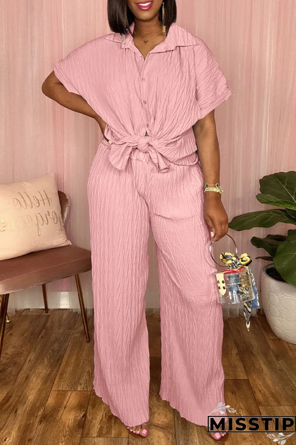 Black Casual Solid Basic Turndown Collar Short Sleeve Two Pieces