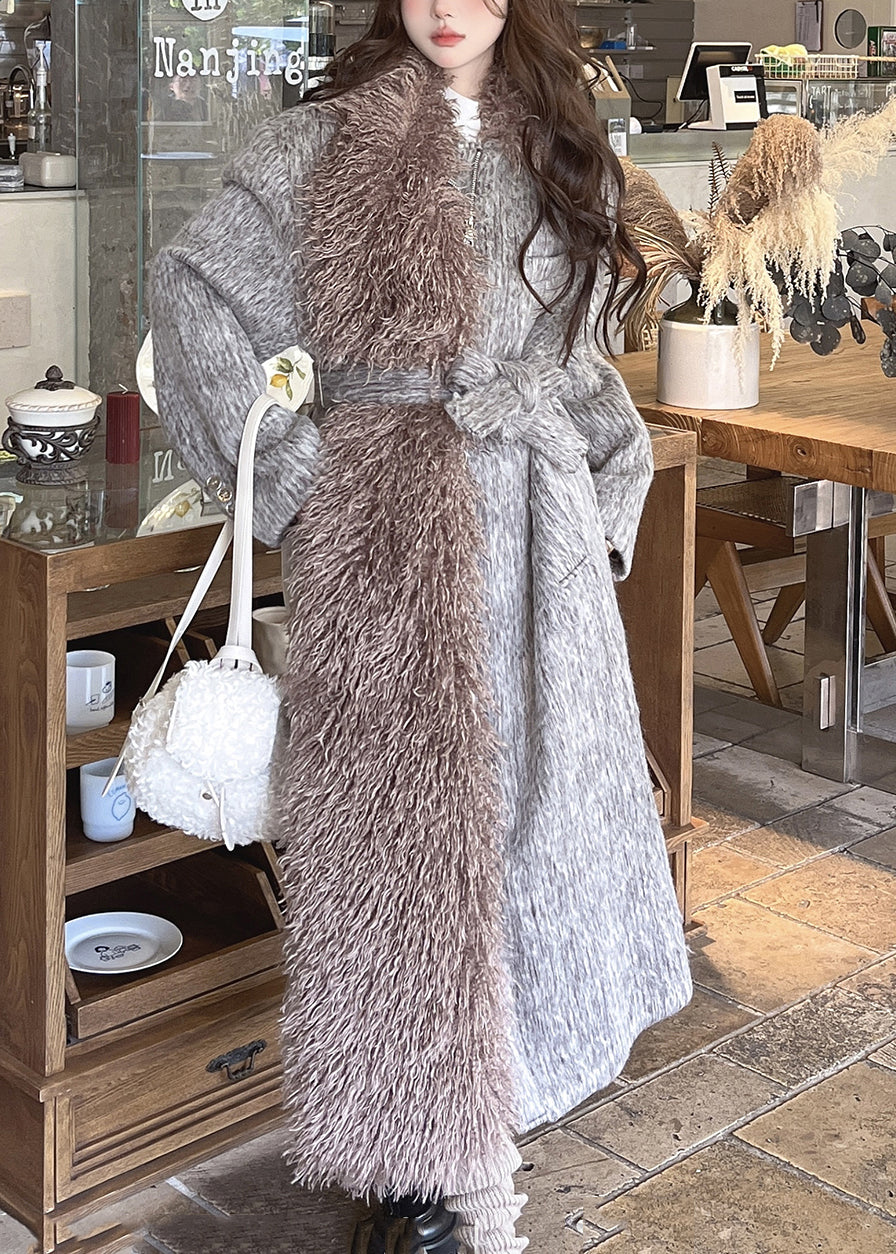 VCSHOES Fur Collar Zippered Tie Waist Woolen Coat Winter