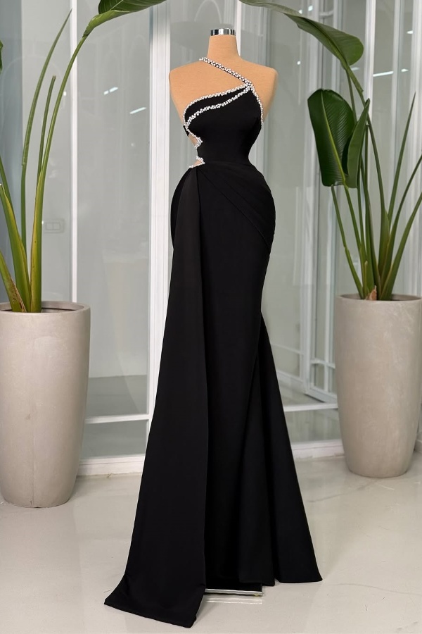 Ovlias Black Asymmetric Strapless Prom Dress Mermaid Floor Length with Rhinestone  JQ0016