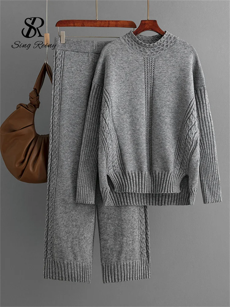 Huibahe 2024 Home Wear Knitted Suits Ladies Turtleneck Loose Long Pullovers+Elastic Knit Pants Casual Sweater Two Pieces Sets