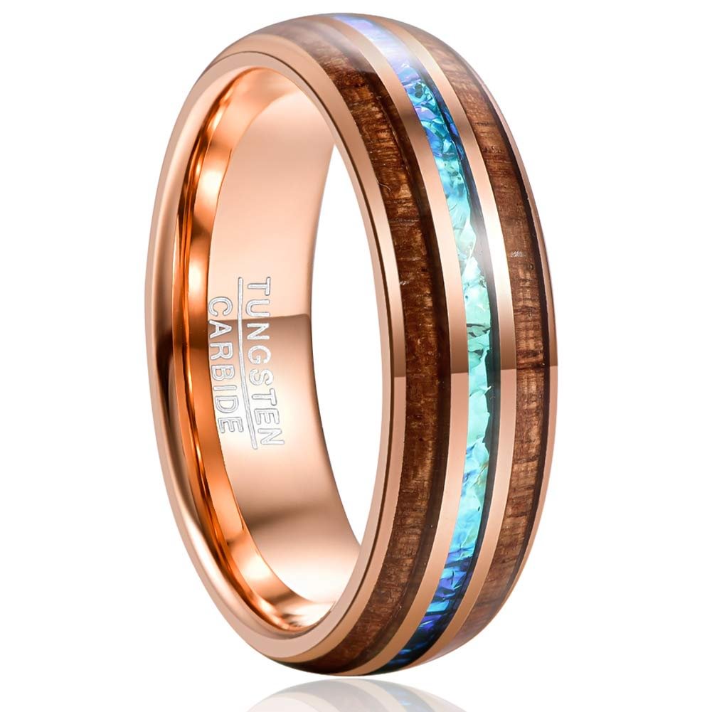 Tungsten Men Women 4MM 6MM 8MM 10MM Hawaiian Koa Wood and Rose Gold+Abalone Shell Imitated Opal Inlay Ring Tungsten Carbide Wedding Bands for Womens Mens Comfort Fit Rings