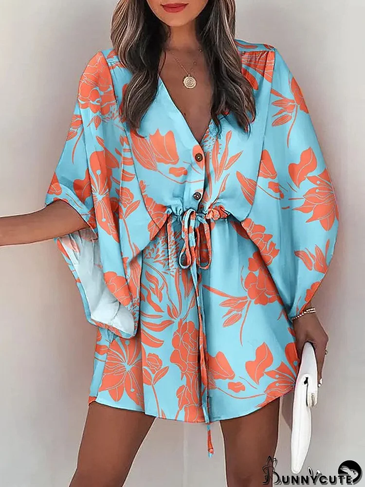 Original Loose Floral Printed Contrast Color Tied Mini Shirt Dress