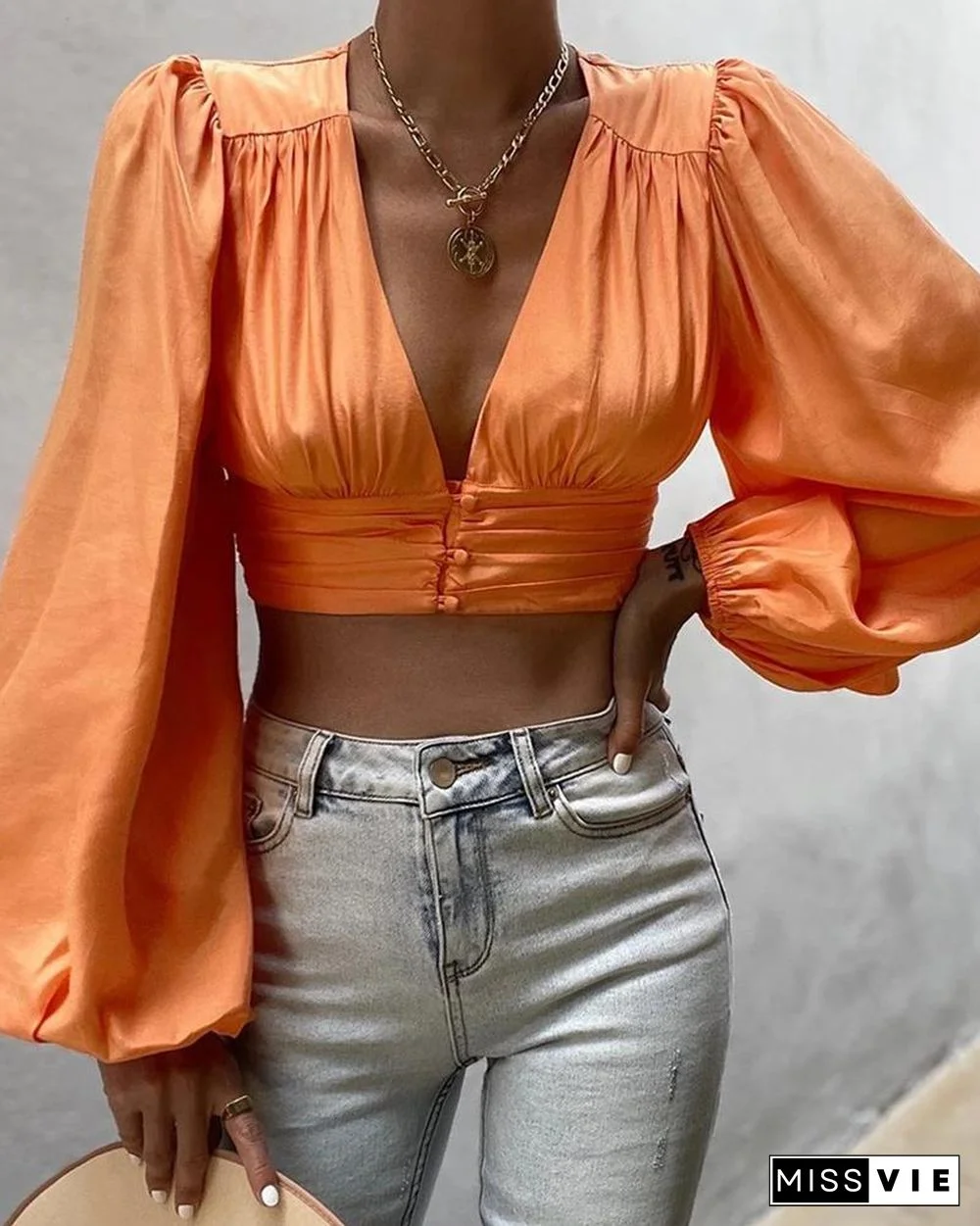 Solid V-Neck Tie Back Crop Top