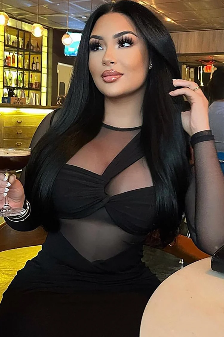 See Through Mesh Patchwork Long Sleeve Bodycon Asymmetric Midi Dresses-Black