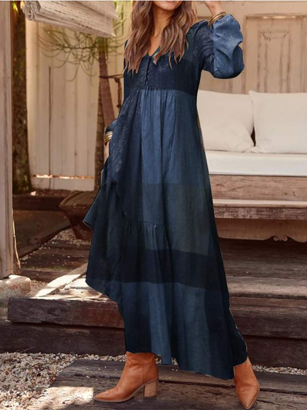 Ladies single-breasted plaid cotton and linen long-sleeved casual loose-fitting long skirt dress-Mayoulove