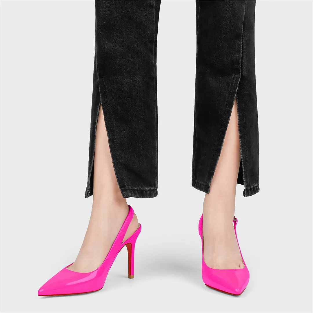 90mm Women's Pointed Toe Slingback Heels Red Bottoms Pumps Comfortable Dress Shoes-vocosishoes