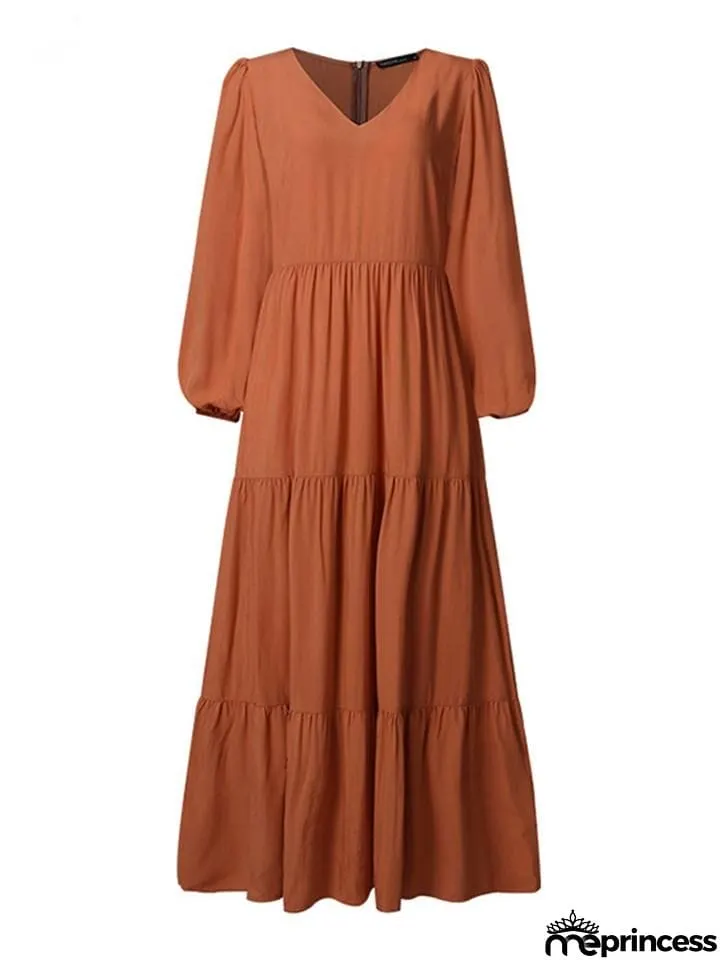 Stylish V Neck Long Sleeve Elastic Cuff Pleated Maxi Dress