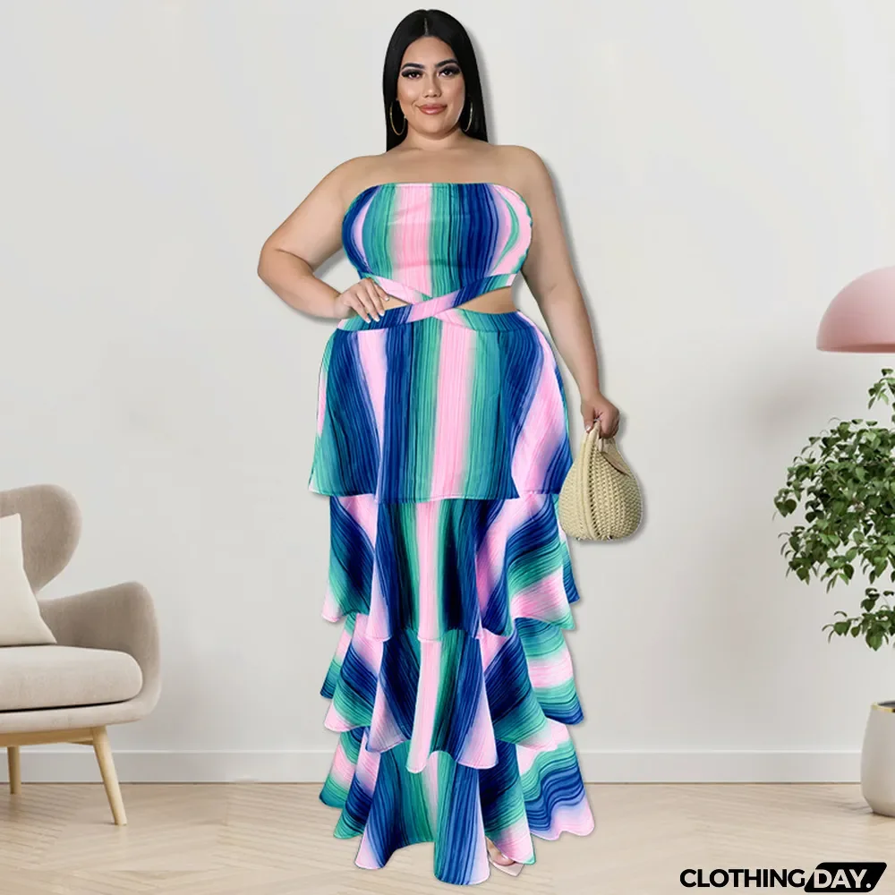 Plus Size Fall Women'S Strapless Stripe Print Swing Layer Maxi Dress