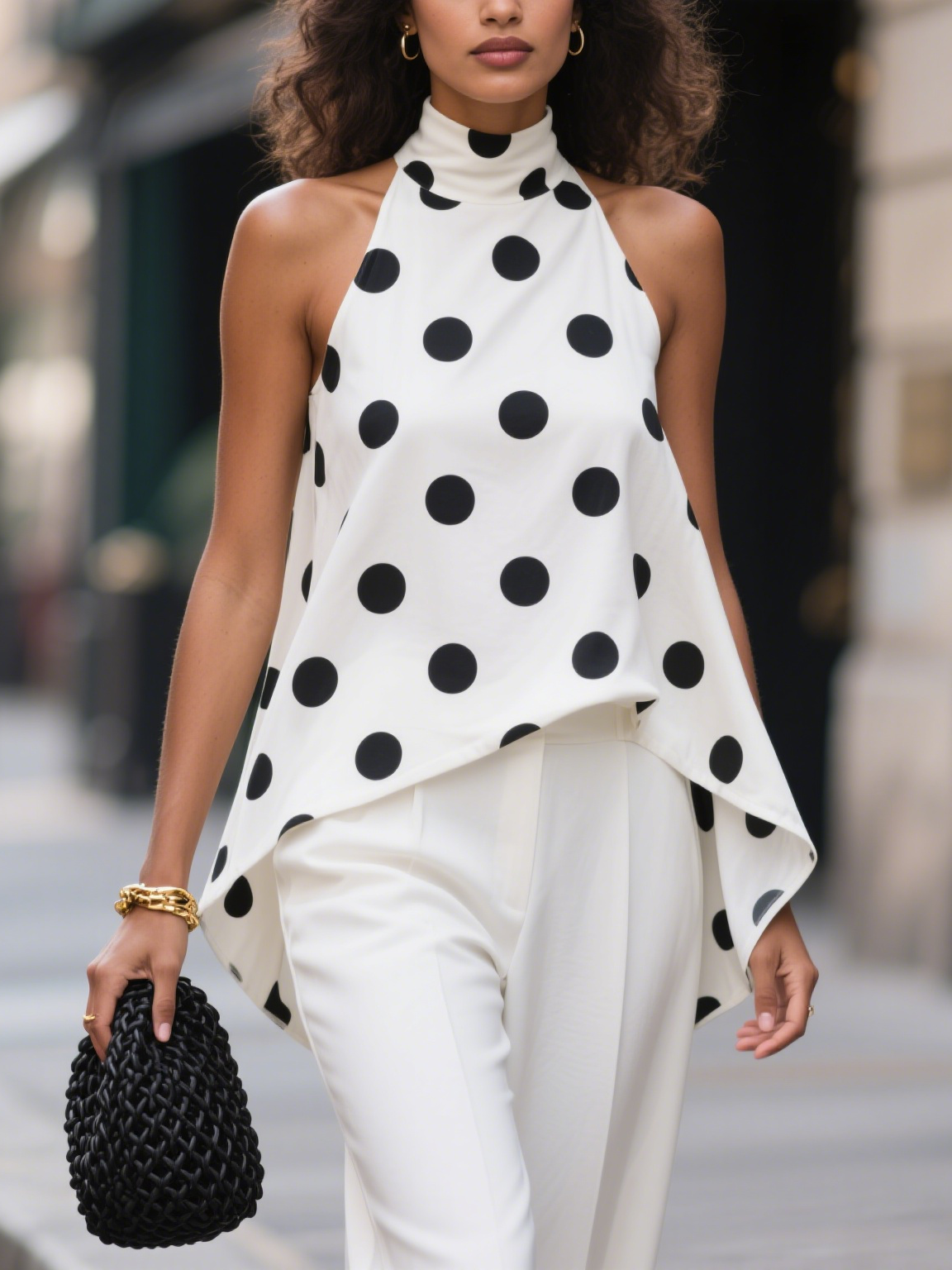 Polka Dot Print Halterneck Sleeveless Irregular Hem Top
