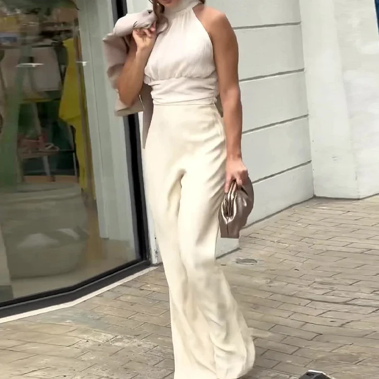 Women's fashion solid color round neck sleeveless top wide leg pants casual suit_ viptrois