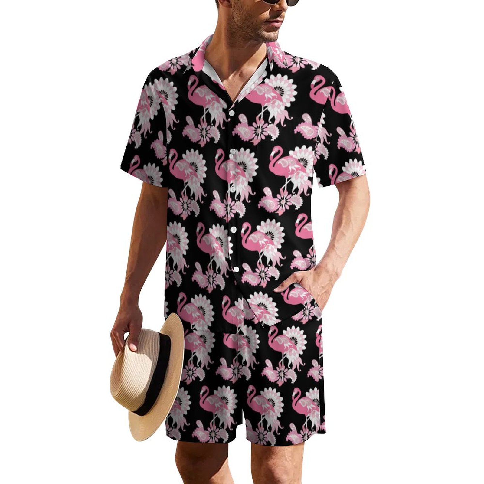SFNEEWHO Modern Black Paisley Pink Flamingo Men's Hawaiian Matching Set