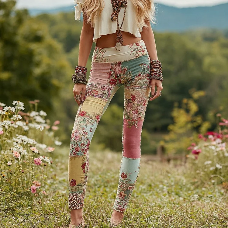 Vintage Patchwork Floral Print Casual Leggings
