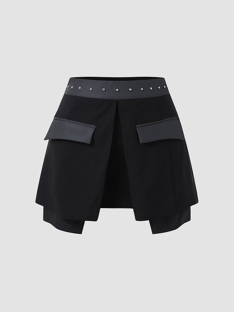 Contrast Color Rivet Decor Slit Stitch Mini Skirt