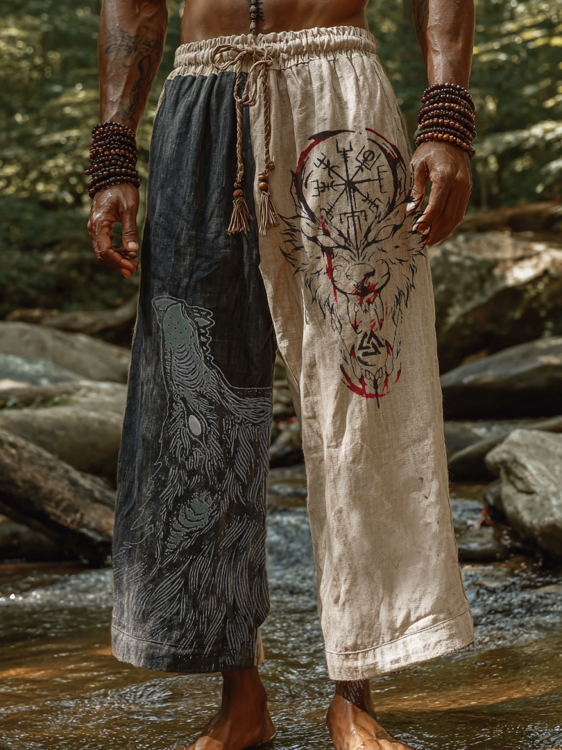 Men's Viking Holiday Style Two-Tone Vintage Ethnic Wolf Totem Casual Linen Pants / Rvogue / Rvogue