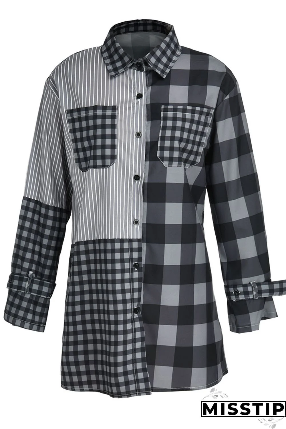 Deep Blue Casual Plaid Print Patchwork Buckle Turndown Collar Shirt Dress Dresses