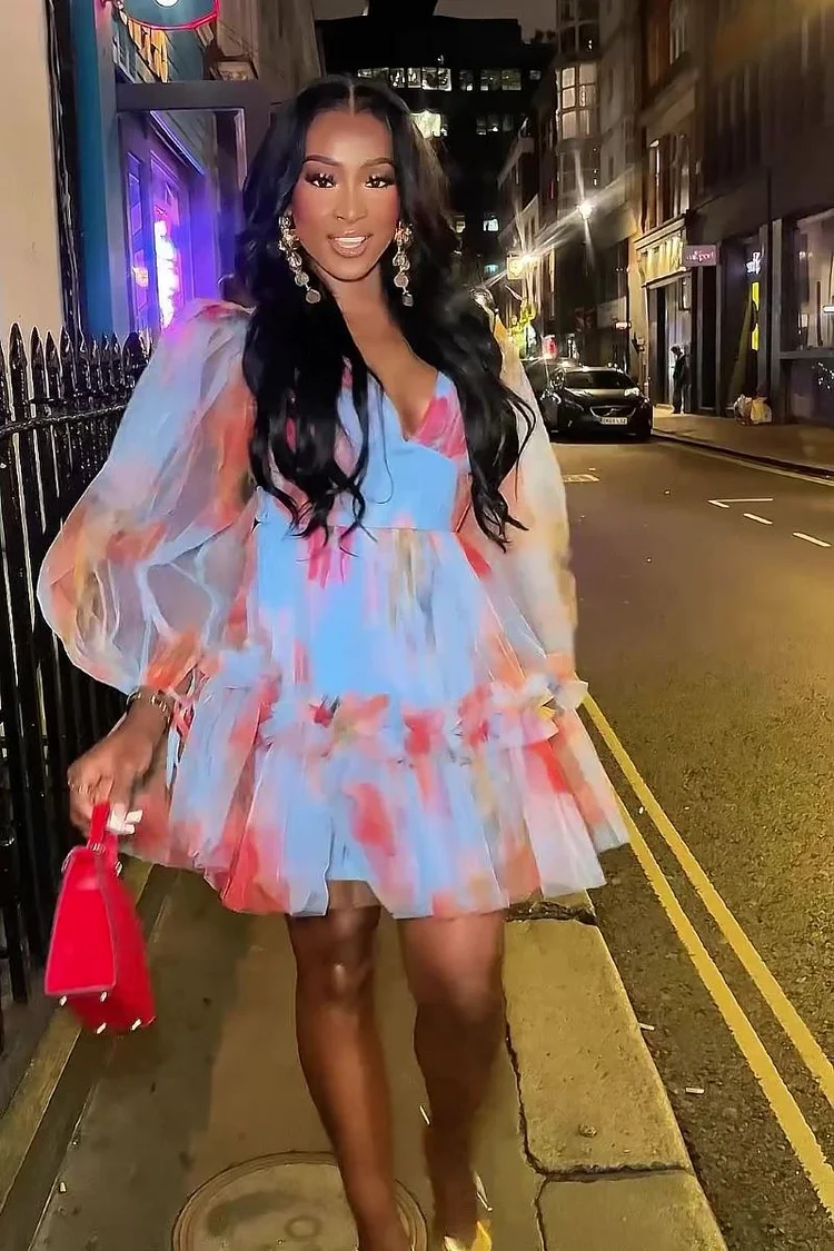 V Neck Print Mesh Bell Sleeve Tulle Hem Party Mini Dresses-Blue