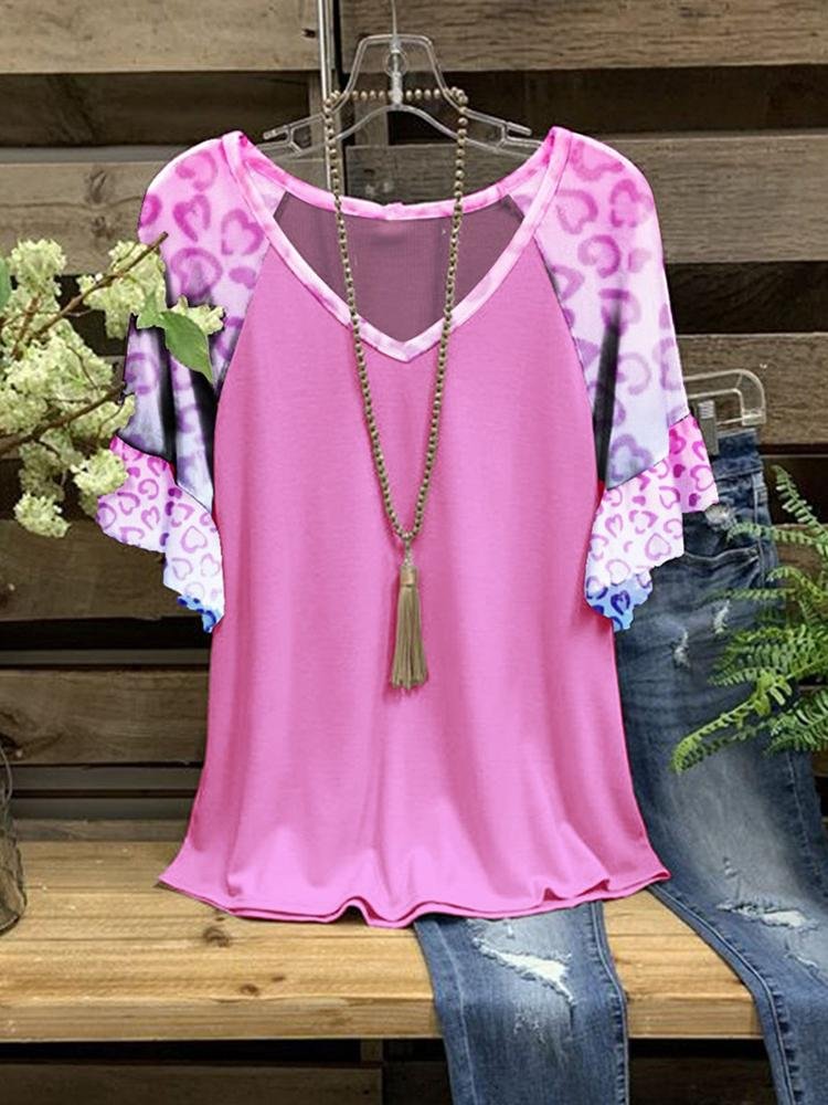Women's New Summer V-neck Pink Leopard Print Short-sleeved T-shirt