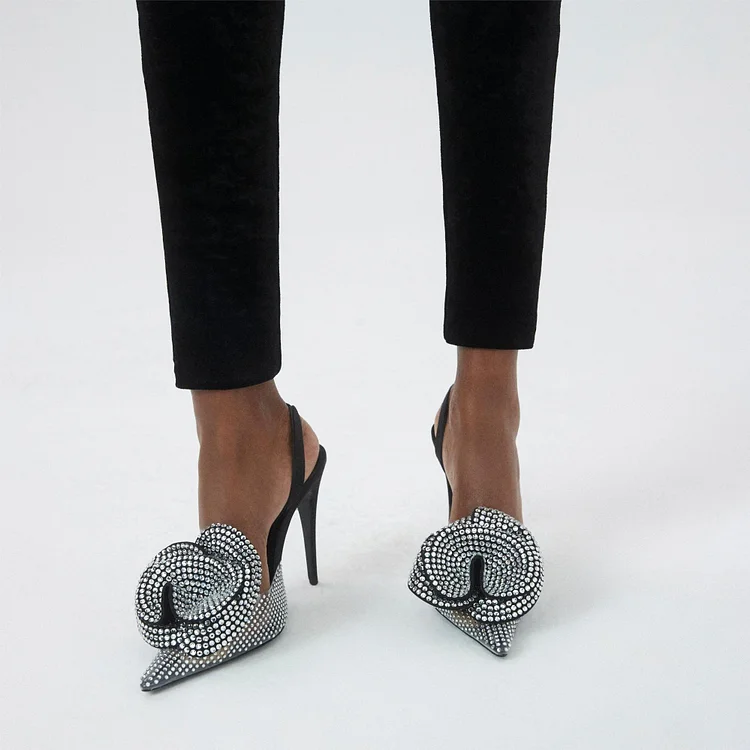 Black Crystal Flower Pointed Toe Slingback Rhinestone High Heel Shoes |FSJ Shoes