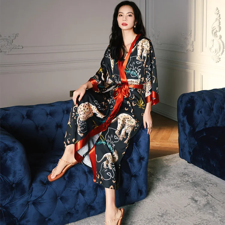 Satin Robes for Women Sexy Sleepwear Chiffon Bridesmaid Robe Night Leopard Nightgown Leisure Wear Home Sleep Tops 2022 Summer
