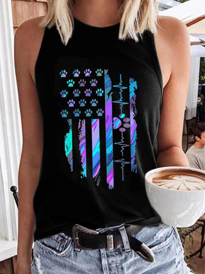 Women's Paw Print Flag Print Pullover Sleeveless Tank Top