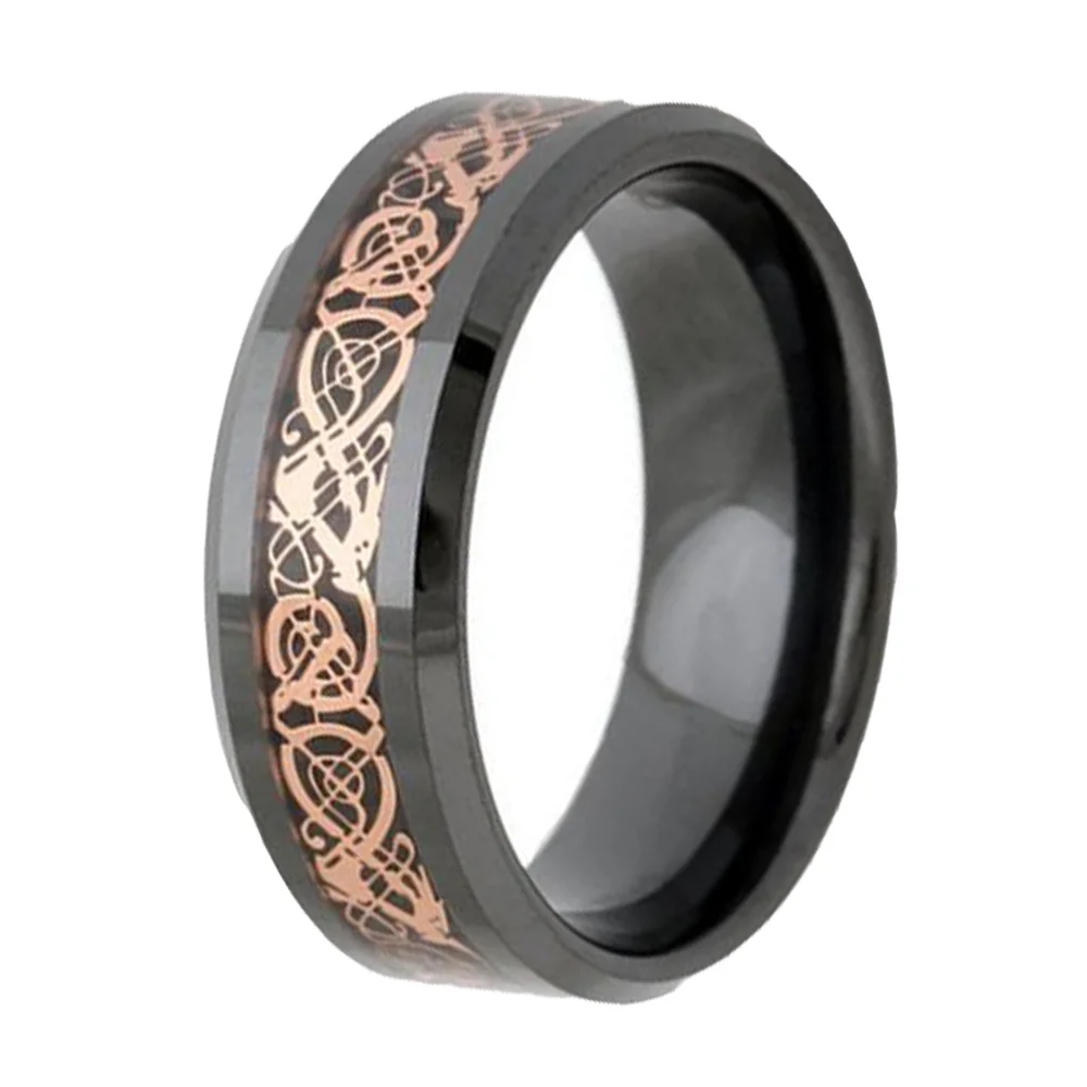 6MM 8MM Black Tungsten Carbide Rose Gold Celtic Dragon Inlay Men Wedding Bands