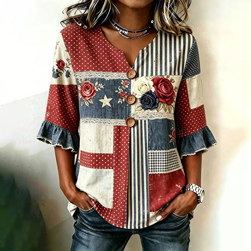 Women's Retro Floral Casual Print Top Westsshops