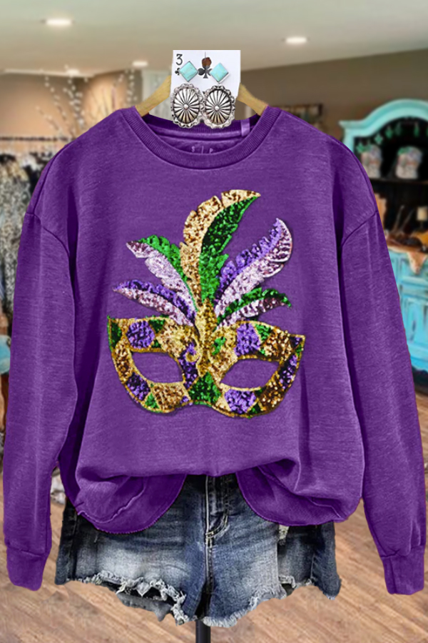 Apparel - Purple MARDI GRAS MASK SEQUIN PATCHES PULLOVER – MJ's