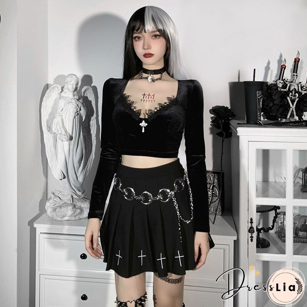 Sexy V Neck Velvet T Shirts Women Lace Patchwork Long Sleeve Black Top Female Dark Goth Short Slim Fit Tee Tops Mujer Harajuku