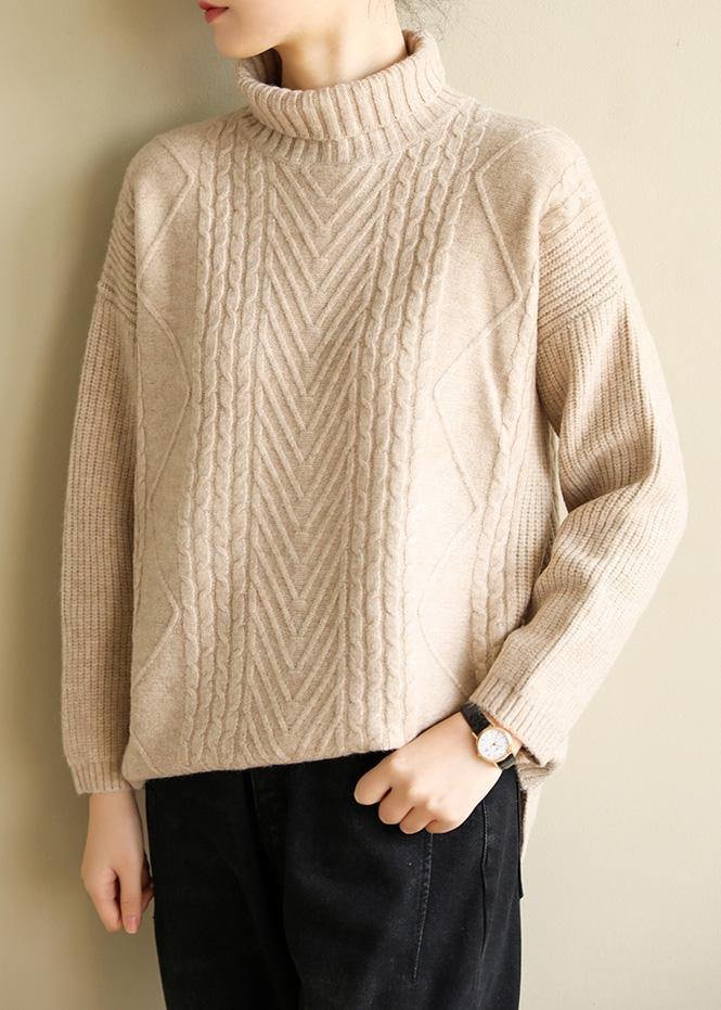 Cozy high neck nude knitwear plus size cable knitted clothes