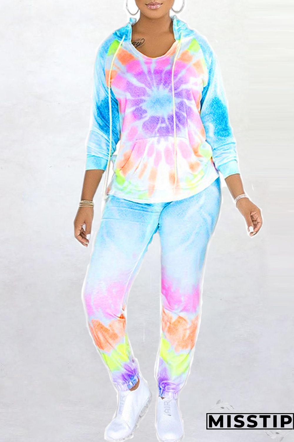Light Purple Fashion Casual Tie Dye Printing Hooded Collar Long Sleeve Two Pieces