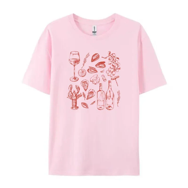 Toloer Retro Italian Seafood Print T-Shirt-Outfit Ideas