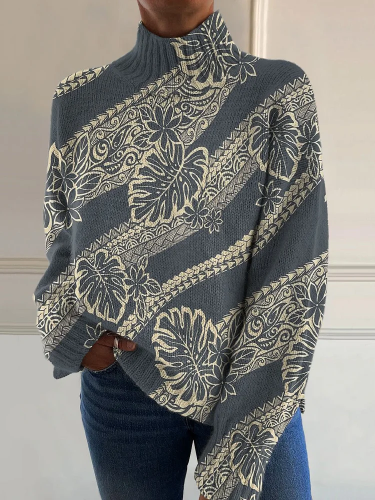 Twill Tropical Plant Art Print Knit Turtleneck Pullover Sweater