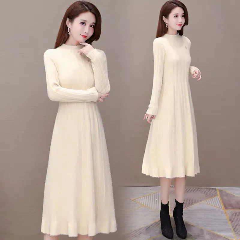 Office Lady Mink Cashmere Dress Long Women's Autumn Winter 2021 New Fashion Temperament Slim Waist Foreign Style Fur Skirt Dress