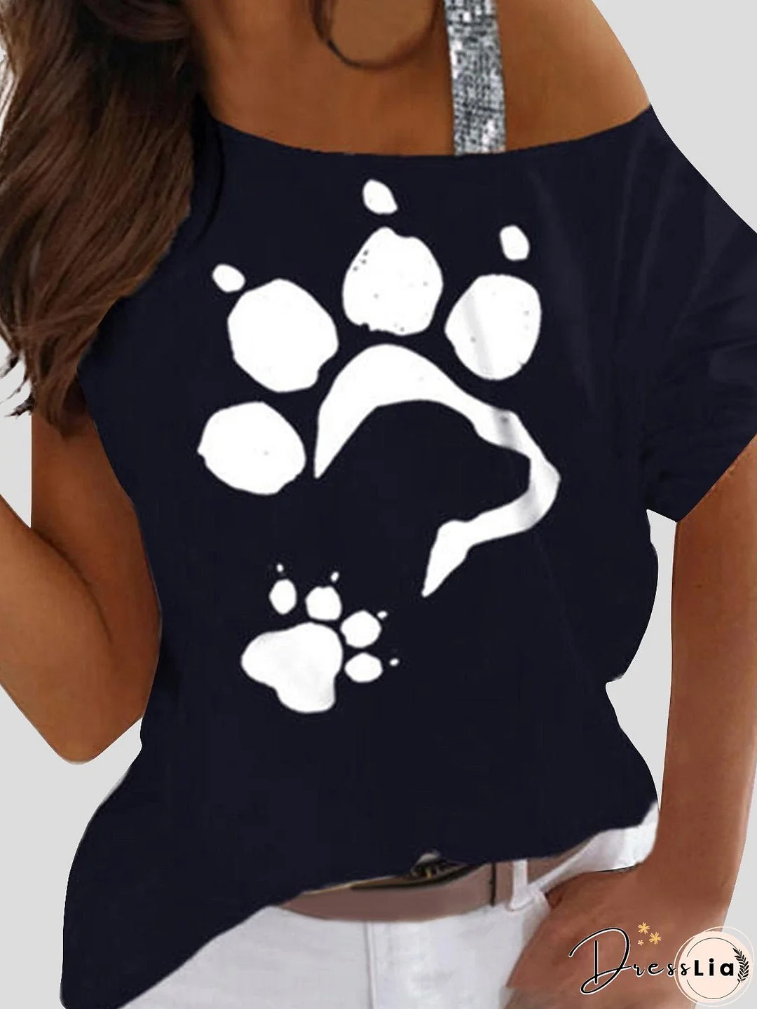 Animal Footprint Print Off Shoulder Casual Short Sleeve T-Shirt