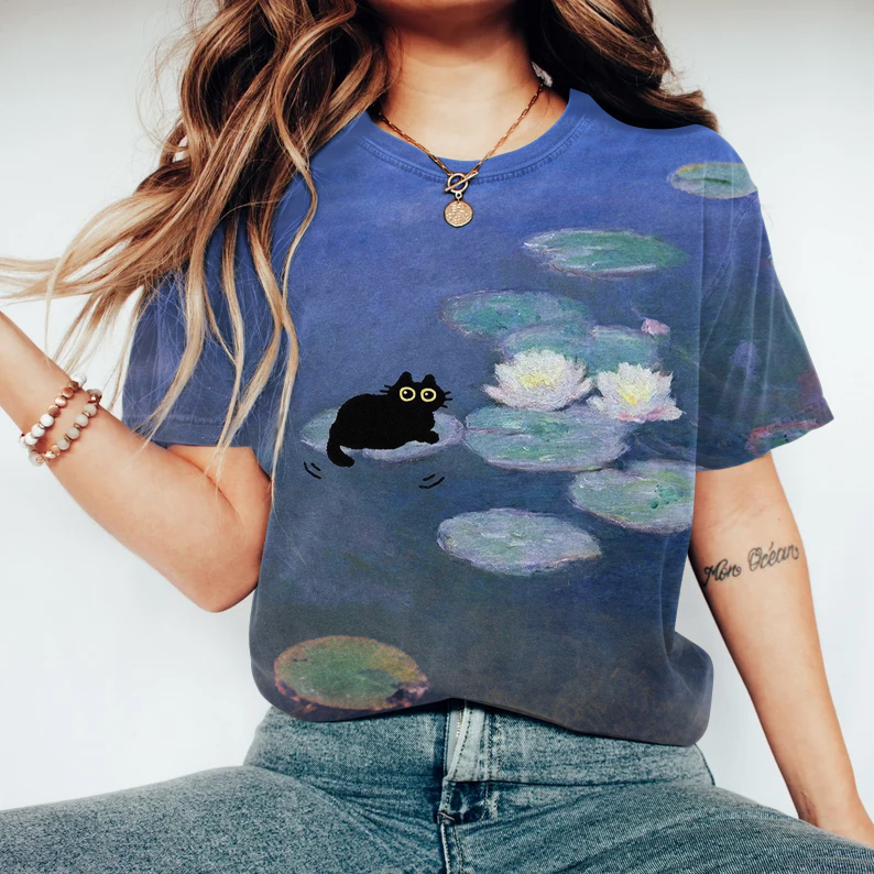 Comstylish Women's Black Cats Lotus Pond Art Washed T Shirt