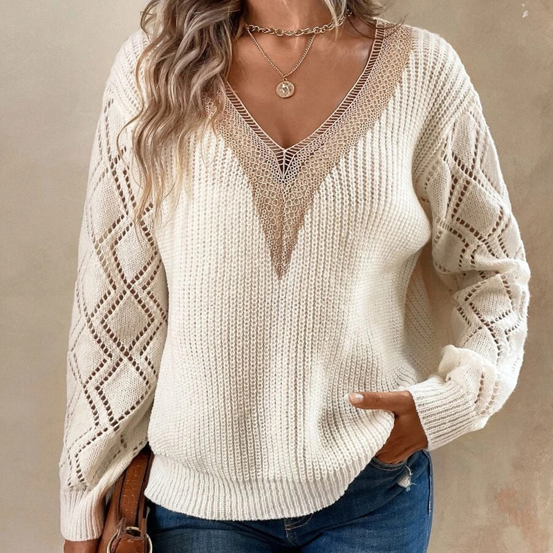 V-neck Sweater Loose Casual Pullover Lace Hollow Knitwear
