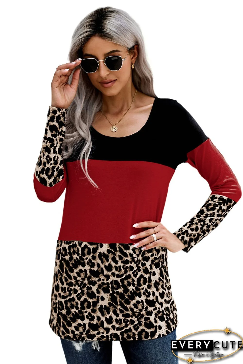 Red Colorblock Leopard Triple Patchwork Long Sleeve Top