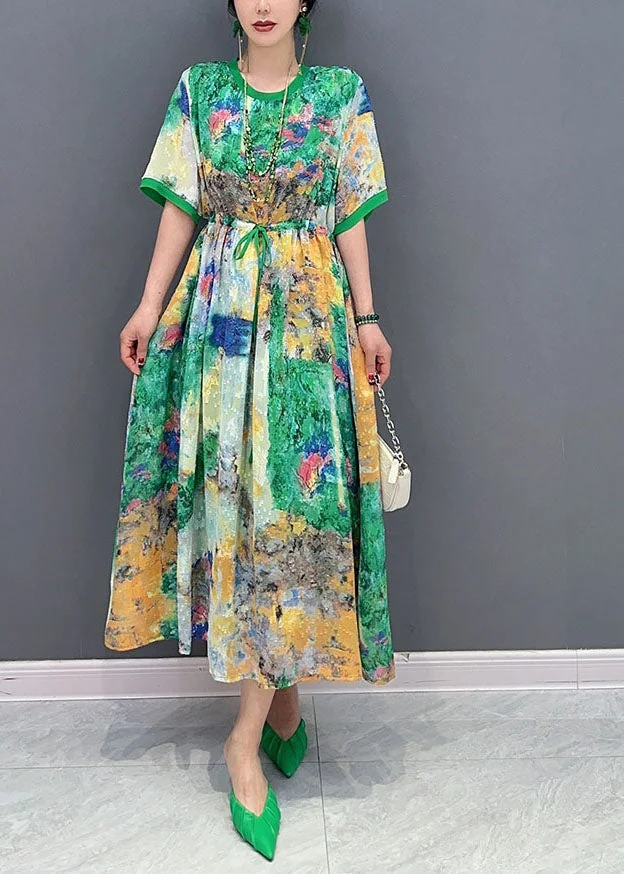 4.15Fine Green Cinched Print Chiffon Vacation Dresses Summer