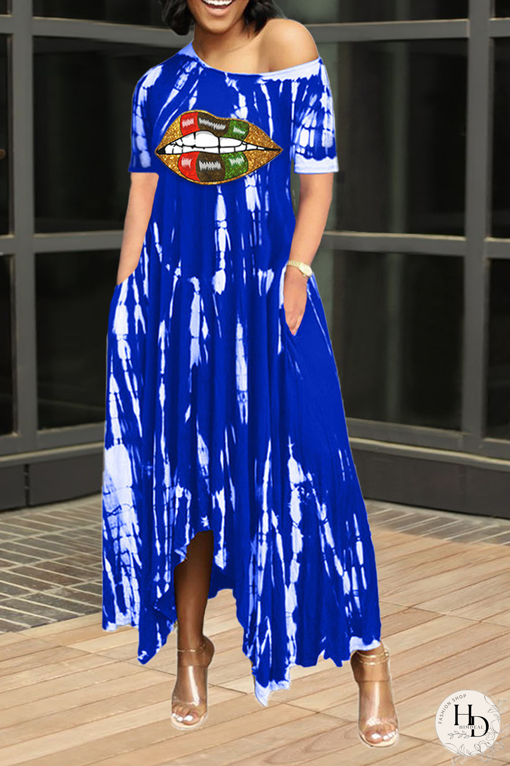 Tangerine Red Casual Print Split Joint One Shoulder Irregular Dress Dresses