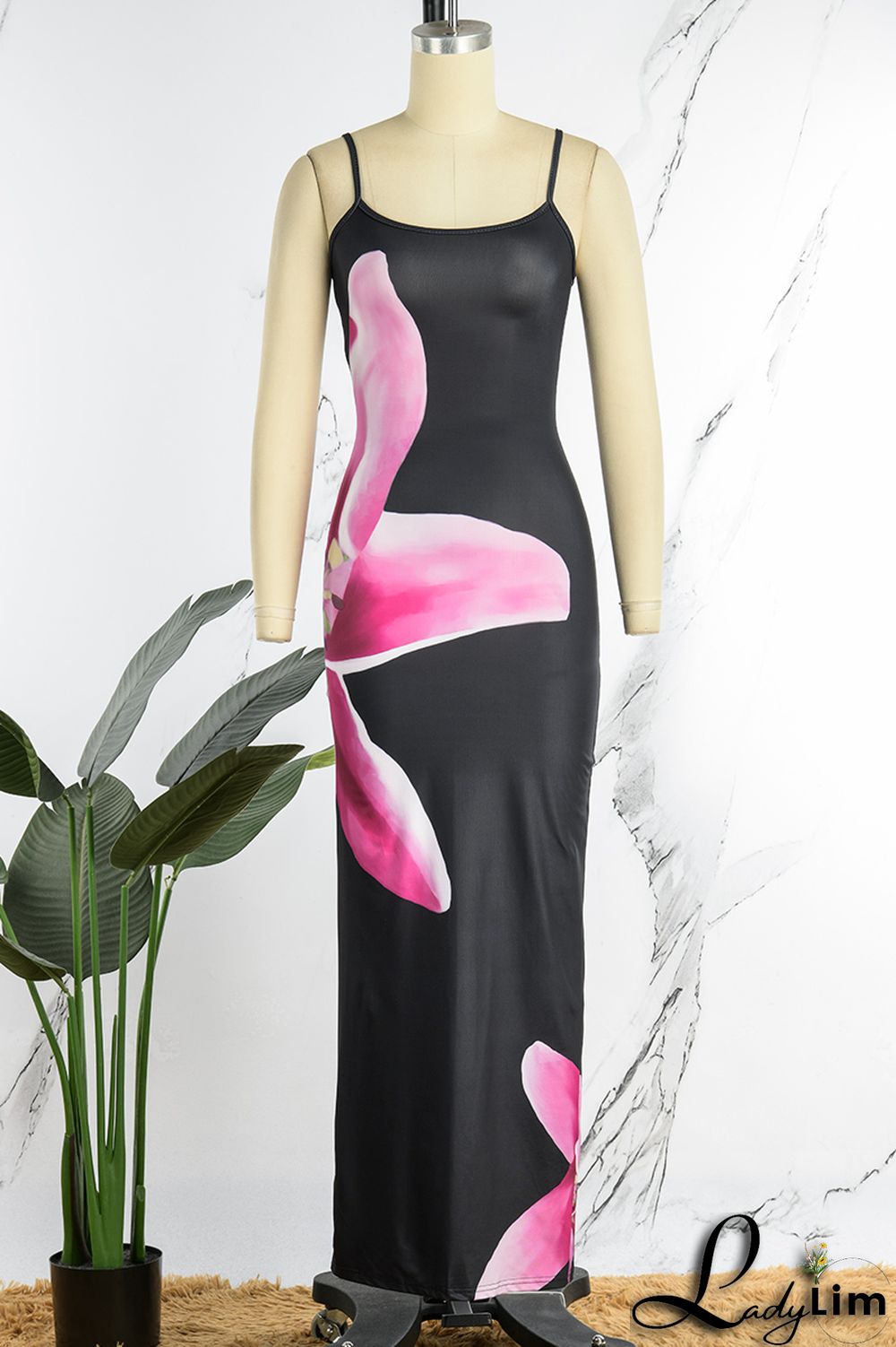 Pink Sexy Print Patchwork Spaghetti Strap One Step Skirt Dresses